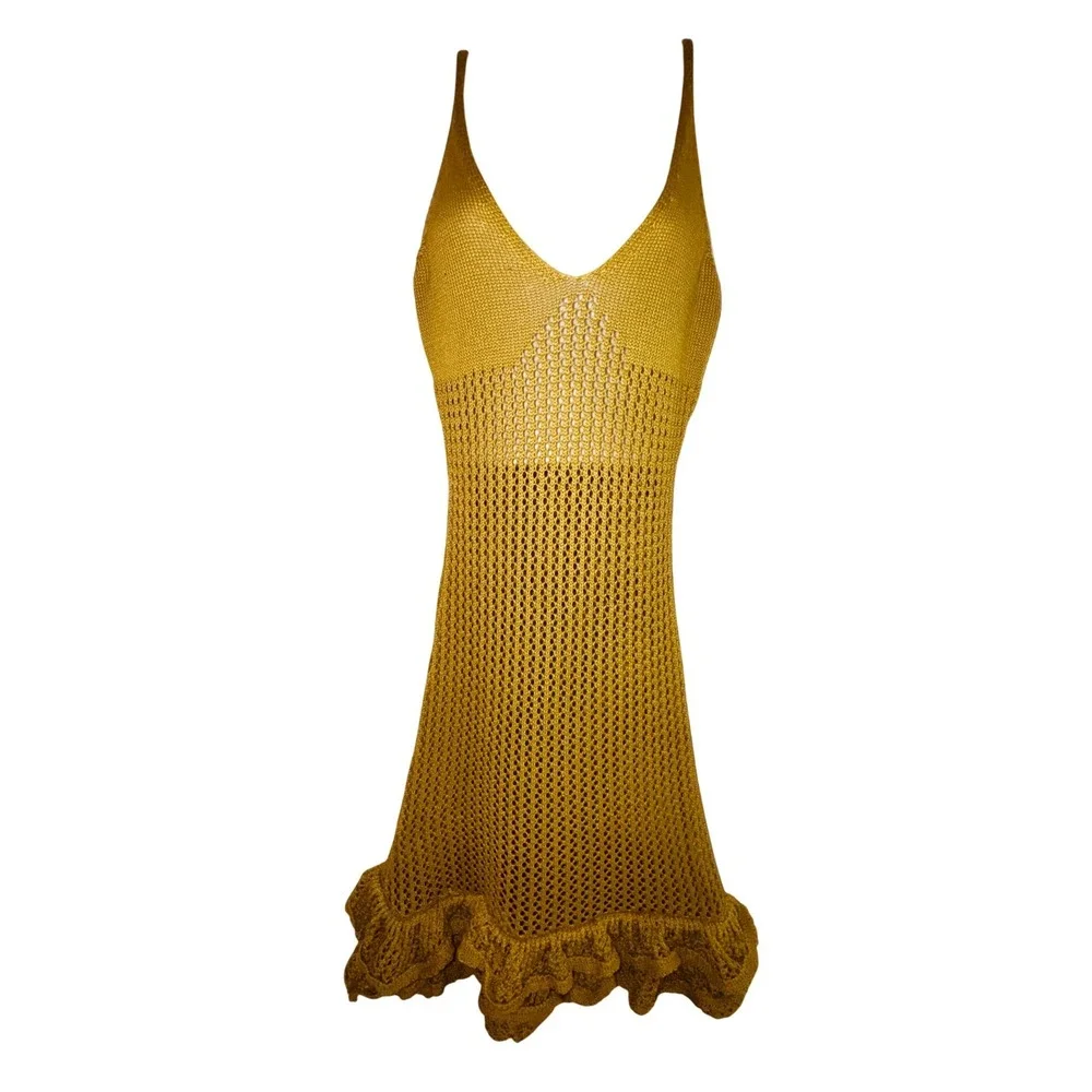 Y2k Mustard Yellow Crochet Knit Ruffle Hem Sexy Babydoll‎ Dress Large Party Club